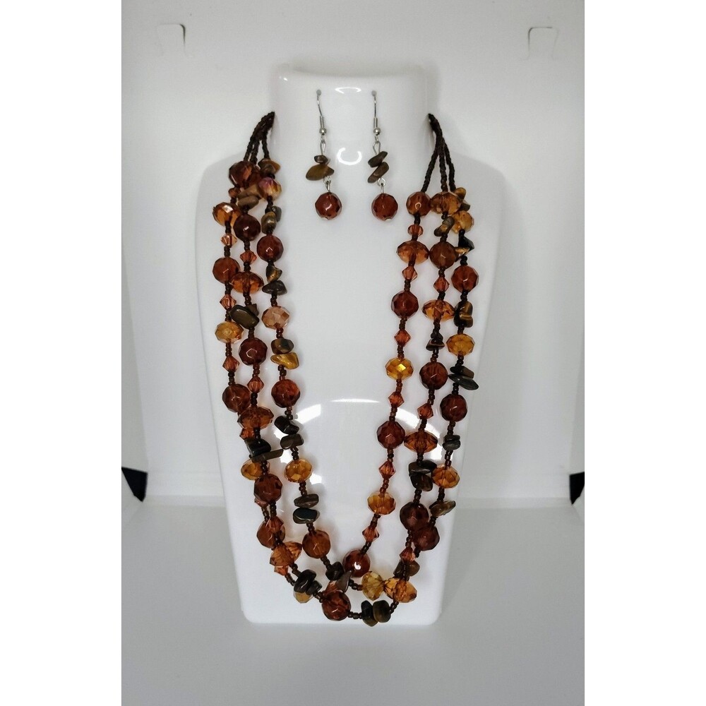 Fashion Jewelry Glass Beaded Necklace Earrings Set Multi Strand 20" Gift Women 3